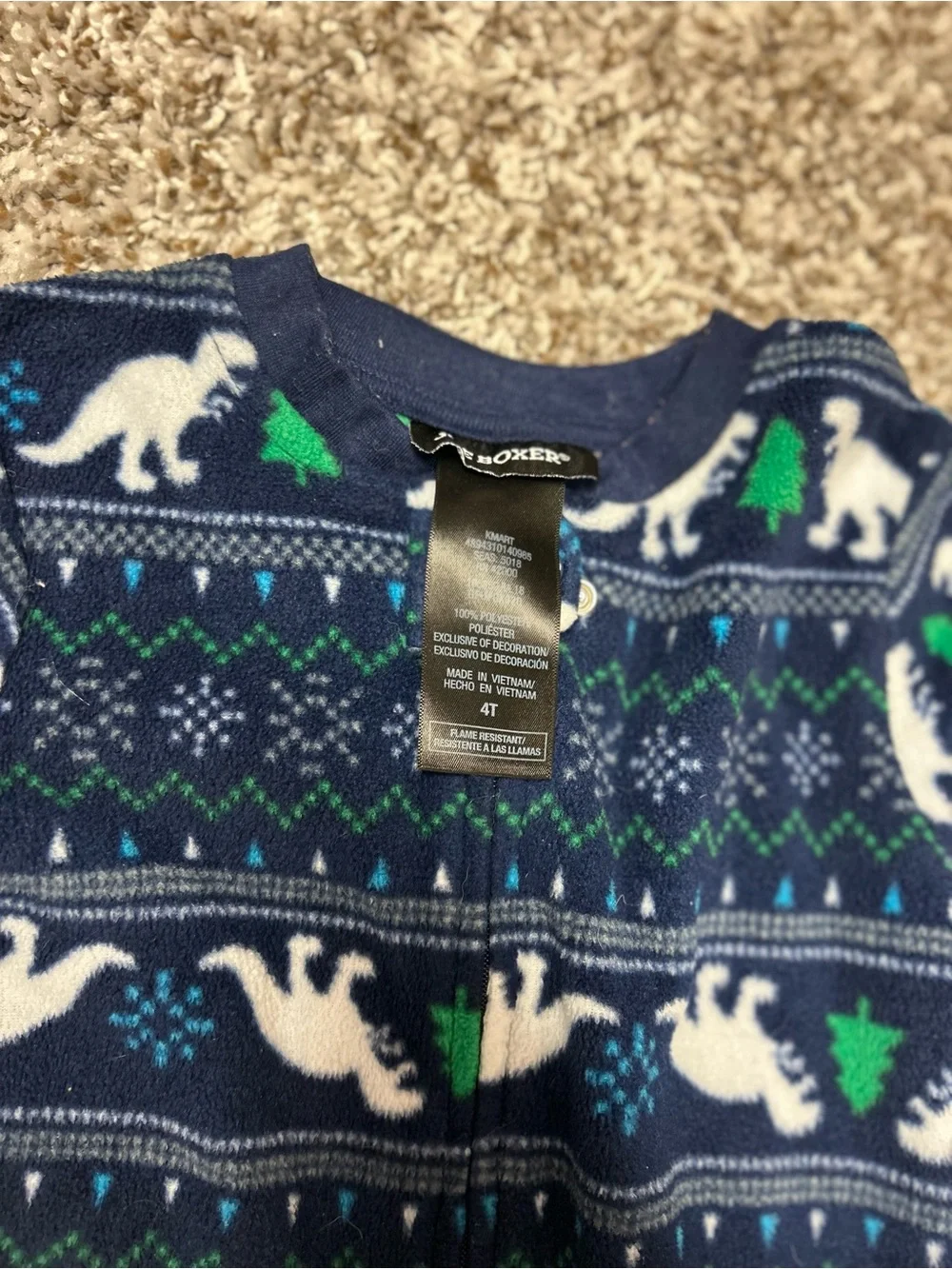 Joe Boxer Kids Navy Blue Dino Print Footed One-Piece Fleece Pajamas Sz 4 T